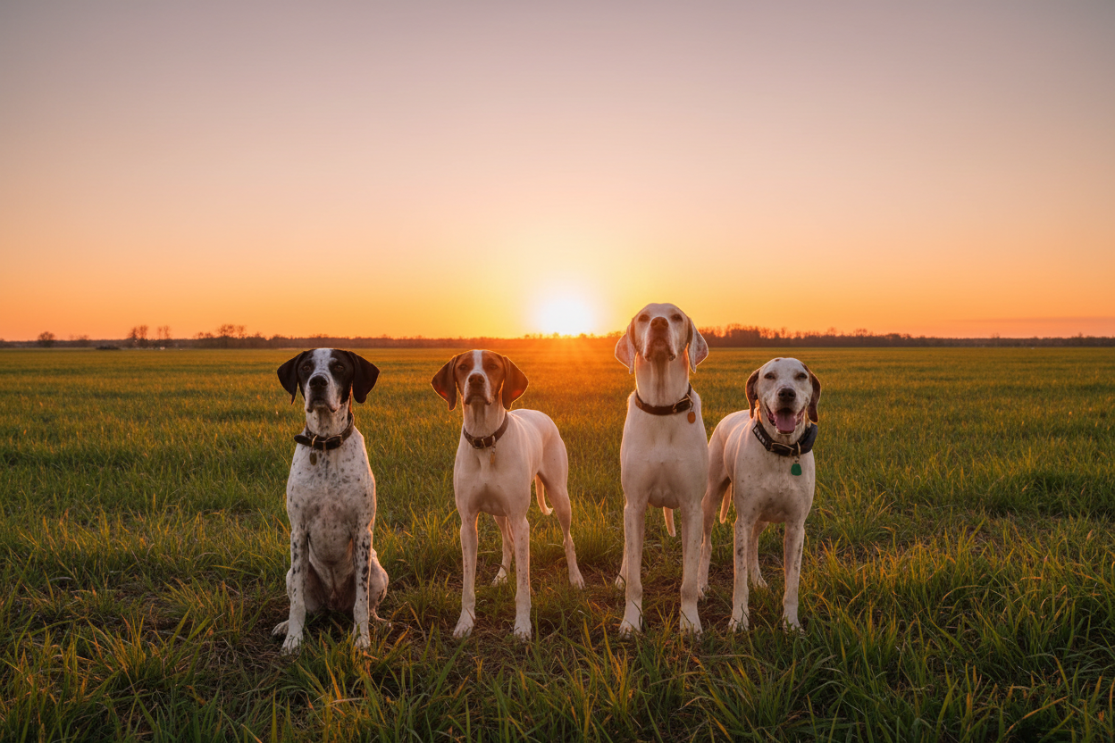 Four English Pointers at Sunset